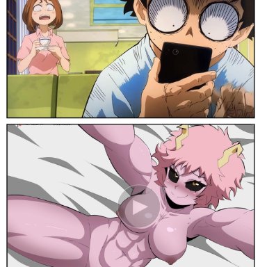 1boy, 2girls, big breasts, black sclera, blush, izuku midoriya, looking at another, looking up, loquillo, mina ashido, muscular female, my hero academia, ochako uraraka, pink hair, pink skin