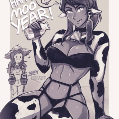 2girls, abs, arm sleeves, asami sato, athletic, avatar the last airbender, barely clothed, big breasts, blush, bottle, breasts, buckets, canon couple, cleavage, cow costume