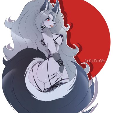 1girls, animal ears, animal tail, ass, black bracelet, bracelet, bracelets, breasts, collar, female, furry, gray hair, grey hair, hair up, hellhound