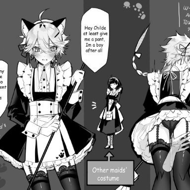 1boy, aether (genshin impact), black and white, comic, crossdressing, femboy, gay, genshin impact, groping, long hair, looking at viewer, maid, maid headdress, panties, stockings