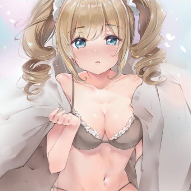 1girls, barbara (genshin impact), bed sheet, bedroom eyes, blonde hair, blue eyes, blush, bra, breasts, cleavage, female, female only, genshin impact, hi res, looking at viewer