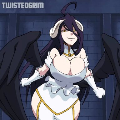 albedo (overlord), animated, animated gif, black hair, black wings, bouncing breasts, breasts, cleavage, demon girl, demon horns, demon wings, detached collar, dress, elbow gloves, falling feathers