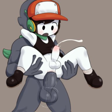 anon, black hair, blush, blushing, boots, cap, cave story, cum while penetrated, dizzytizzy, doukutsu monogatari, femboy, grey skin, hat, held by leg, held up