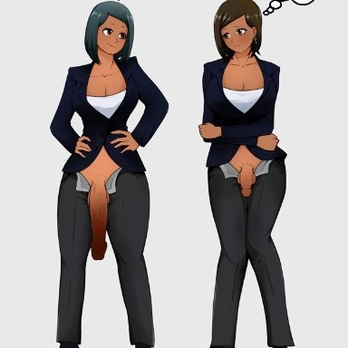 2futas, balls, breasts, cleavage, clothed, clothing, dark skin, dialogue, duo, futa only, futanari, high heels, huge cock, human, indian