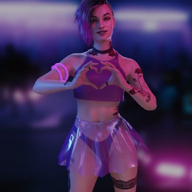 choker, crop top, cyberpunk 2077, emberstock, judy alvarez, skirt, smile, tattoo, transparent clothing