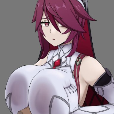 areolae, bangs, bare shoulders, breast squeeze, breasts, detached sleeves, dress, elbow gloves, expressionless, genshin impact, gloves, grey background, habit, hair over one eye, headdress