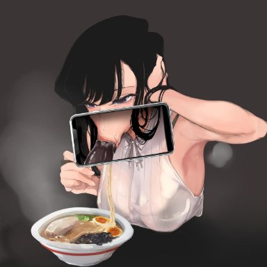 :>=, armpits, bangs, black hair, breasts, cellphone, censored, chopsticks, dark-skinned male, eating, egg, fellatio, female, food, highres