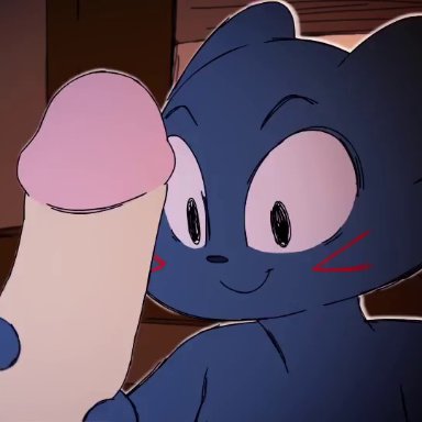 2021, animated, anthro, bedroom, blowjob, blue fur, blue nose, blush, cat, cat humanoid, cum, cum in mouth, cum on eye, cum on tongue, cum on upper body