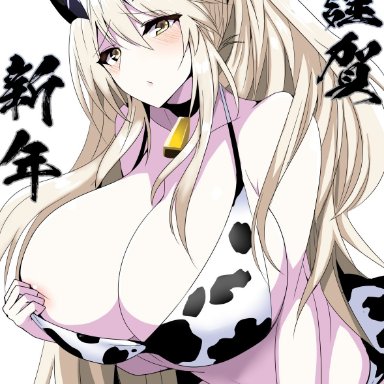 areola slip, artoria pendragon (lancer alter), big breasts, blonde hair, blush, cow print, cowbell, fate (series), fate/grand order, female, huge breasts, looking at viewer, yellow eyes