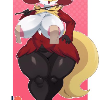 1girls, absurd res, anthro, big breasts, breasts, delphox, female, female only, fox, half-closed eyes, hand on hip, highres, large breasts, looking at viewer, multicolored fur