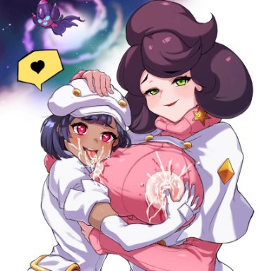 !?, 2girls, aether foundation employee, big hair, black hair, blush, breast grab, breasts, cabbie hat, cleanerjay, commentary, dark skin, dark skinned female, elbow gloves, game freak