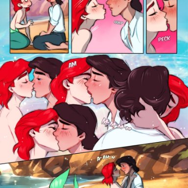 2boys, ariel, comic, disney, embrace, english text, femboy, fish tail, french kiss, gay, genderswap (ftm), kissing, making out, male only, mermaid