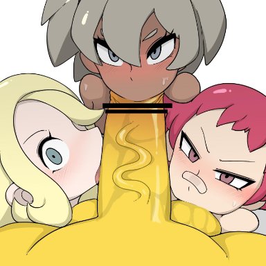 1boy, 3girls, anthro, balls, bea (pokemon), big balls, big penis, blonde hair, blowjob, blue eyes, blush, censor bar, censored, eye contact, fellatio