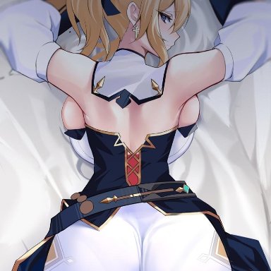 arms up, ass, back, backboob, bare shoulders, bed sheet, blue eyes, bow, breasts, closed mouth, cross, cross earrings, detached collar, detached sleeves, earrings