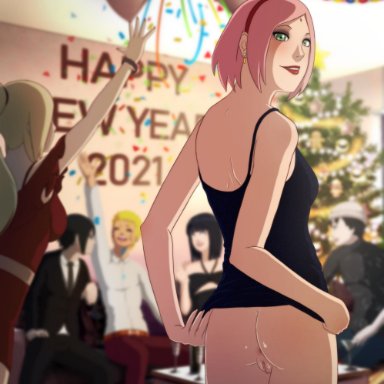 2021, 3boys, 3girls, anus, ass, black hair, blonde hair, boruto: naruto next generations, celebration, christmas tree, clothing, dress, eyeshadow, female focus, green eyes