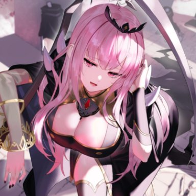 big ass, big breasts, black nails, cleavage, female, hololive, hololive english, long hair, looking at viewer, mori calliope, pink eyes, pink hair, sco ttie, scythe, stockings