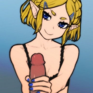 1boy, 1boy1girl, 1girls, blonde hair, blue eyes, bra, breath of the wild 2, clothing, curly hair, female, female focus, handjob, holding penis, looking at viewer, nintendo