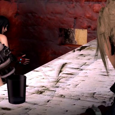 1boy, 1girls, 3d, against wall, animated, areolae, ass, barret wallace, bed, bent over, big breasts, black hair, bouncing breasts, breasts, breeding