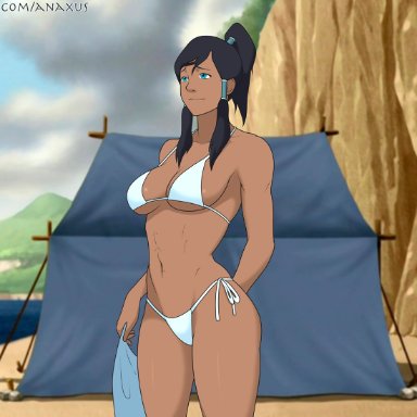 1girls, abs, anaxus, athletic, athletic female, avatar the last airbender, banner, bare shoulders, barely clothed, beach, big breasts, bikini, blue eyes, brown hair, brown skin