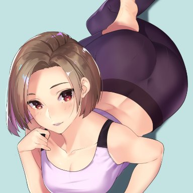 1girls, aqua background, ass, bare arms, bare shoulders, barefoot, big ass, blue background, blush, breasts, brown hair, cleavage, collarbone, crop top, female