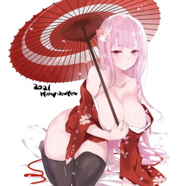 big breasts, cleavage, english text, female, gayakoge, hololive, hololive english, kimono, looking at viewer, mori calliope, open kimono, parasol, pink hair, red eyes, signature