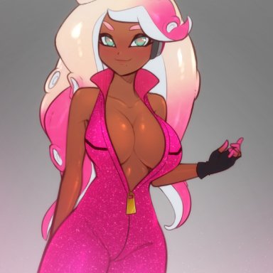 1girls, big breasts, breasts, cleavage, crown, dark skin, dark-skinned female, female, fusion, long hair, marina (splatoon), nintendo, octoling, pearl (splatoon), scorpdk