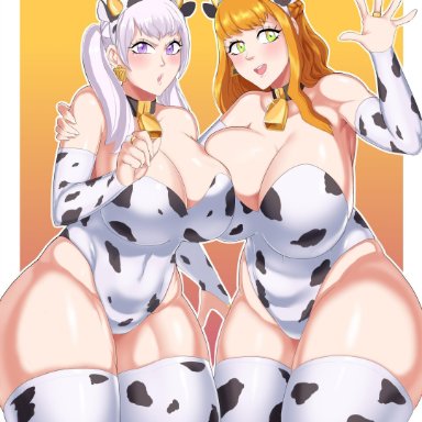 2021, 2girls, arm sleeves, armpits, armwear, big breasts, black clover, blush, breasts, choker, cleavage, clothed, cow girl, cow print, cowbell