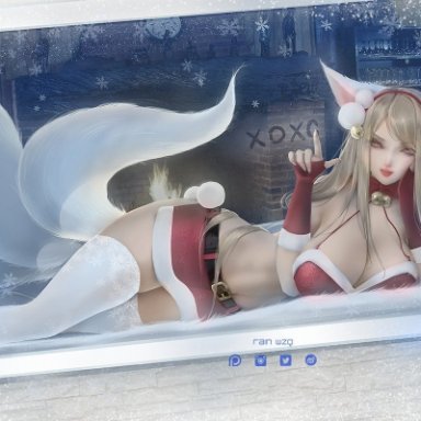 ahri, animal ears, christmas outfit, huge breasts, league of legends, looking at viewer, miniskirt, rain wzq, santa costume, snow, stockings, thighhighs, thighs, white stockings, white tail