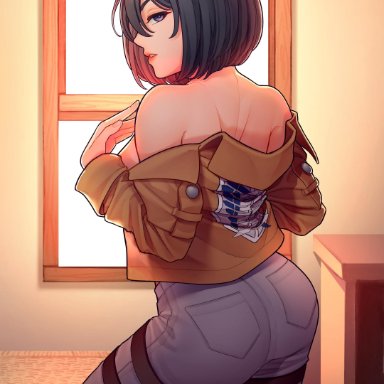 1girls, ass, attack on titan, back view, black hair, clothed, clothing, hair between eyes, looking at viewer, looking back, mikasa ackerman, mystra77, partially clothed, purple eyes, short hair