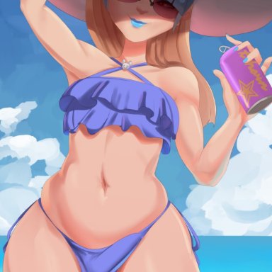 beach, bikini, blonde hair, blue lipstick, bulge, cream (milkriot), femboy, glasses, hat, highlights, milkriot, ocean, partially clothed, penis in panties, penis under clothes