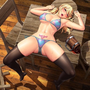 :o, armpits, beer mug, bikini, blonde hair, blush, breasts, chair, covered nipples, cup, fairy tail, female, highres, indoors, large breasts