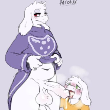 1boy, 1futa, asriel dreemurr, atrolux, balls, blush, boss monster, breasts, chubby, chubby futanari, clothed, clothing, cum, cum in mouth, fellatio