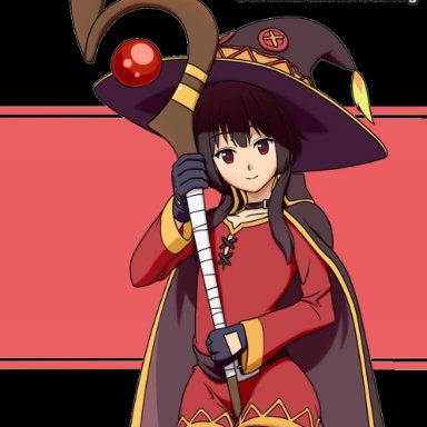 1girls, animated, between breasts, breast expansion, breasts, bursting breasts, huge breasts, kono subarashii sekai ni shukufuku wo!, megumin, staff, witch hat, ydbunny