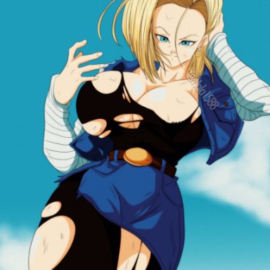 1girls, android 18, breasts, cleavage, dragon ball, dragon ball z, female, female only, huge breasts, nala1588, shounen jump, solo, solo female, torn clothes