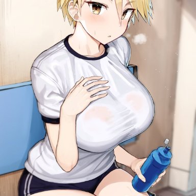 big breasts, blonde hair, curvy, greatmosu, gym uniform, huge breasts, looking at viewer, short hair, shorts, sweat, sweaty, sweaty clothes, thick thighs, thighhighs, water bottle