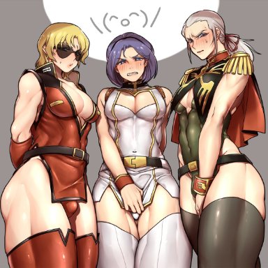 3boys, abs, angry, annoyed, big pecs, blonde hair, blush, bodysuit, bulge, char aznable, cleavage cutout, clothed, covering crotch, embarrassed, femboy