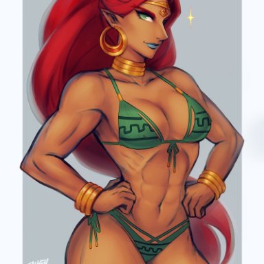 1girls, abs, breasts, breath of the wild, cleavage, dark skin, dark-skinned female, female, female only, gerudo, iahfy, looking at viewer, muscles, muscular, muscular female
