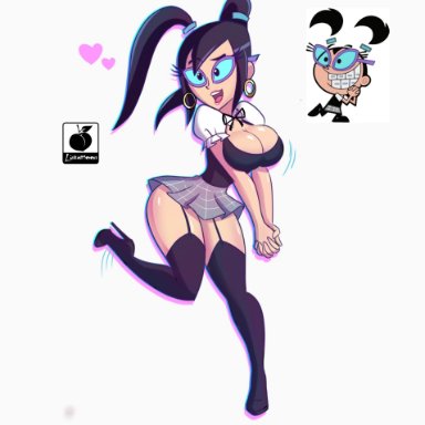 aged up, big breasts, breasts, earrings, fairly oddparents, glasses, linkartoon, short skirt, stockings, tootie, twintails, vest, white background