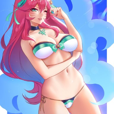 ahri, bikini, female, female only, green eyes, highres, league of legends, looking at viewer, pink hair, riot games, solo, spirit blossom ahri, spirit blossom series, tofuubear