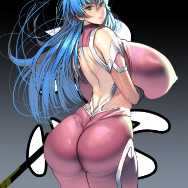 1girls, absurd res, armor, armwear, artist request, ass, back, back view, backless outfit, bare shoulders, big ass, big breasts, black background, blue hair, bodysuit