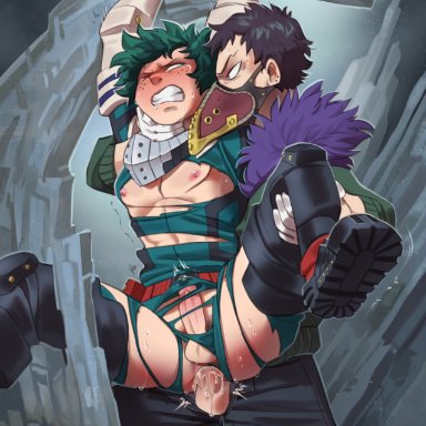 anal, anal sex, clothed, clothed sex, cum through clothing, domination, exposed chest, exposed nipples, forced penetration, forced yaoi, gay, hand on neck, hanging, izuku midoriya, kai chisaki