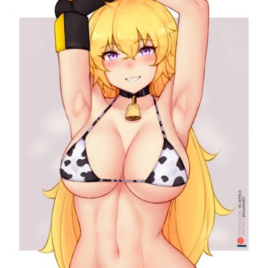 1girls, big breasts, blonde hair, bluefield, bra, breasts, cow print, cowbell, female, female only, large breasts, looking at viewer, rwby, solo, yang xiao long