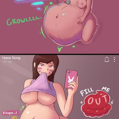 absolutevl, asian, belly, big belly, blonde hair, blue eyes, breast expansion, breasts, brown hair, burp, burping, clothing, comic, d.va, death