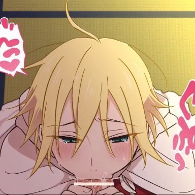 2boys, ahoge, animated, big penis, blonde hair, blowjob, blowjob face, blue eyes, blush, censored, deepthroat, drooling, erection, excessive saliva, femboy