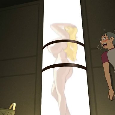 1boy, 1girls, against glass, age difference, animated, areolae, ass, bangs, bare shoulders, big ass, big breasts, bigger female, blonde hair, blue eyes, blush