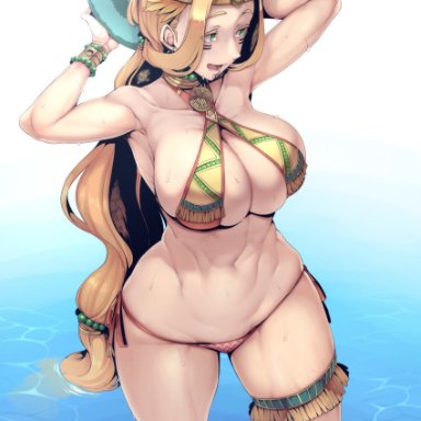 1girls, armpits, arms up, aztec, aztec mythology, background, bare shoulders, belly, belly button, big breasts, blonde hair, breasts, cleavage, color, colored