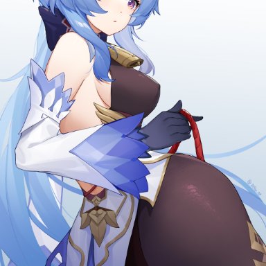 absurdres, artist name, ass, ayu (ayuyu0924), bangs, bare shoulders, bell, black gloves, blue hair, bodysuit, bow, breasts, cowbell, detached sleeves, eyebrows visible through hair