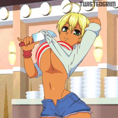 1girls, animated, bouncing breasts, bra, dark-skinned female, female, female only, food wars, huge breasts, knife, mito ikumi, shokugeki no souma, solo, solo female, tagme