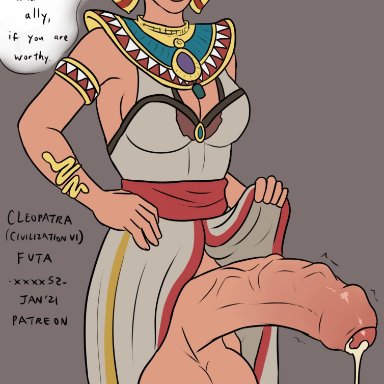 1futa, balls, breasts, civilization vi, cleopatra, clothed, clothing, cum, dialogue, dripping cum, egyptian, egyptian clothes, futa only, futanari, huge balls