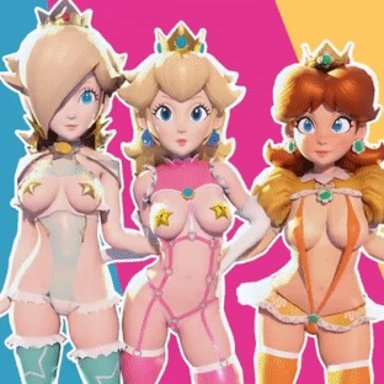 3d, 3girls, adult, animated, artist name, belly, blonde hair, blue eyes, breasts, brown hair, character name, covered breasts, covered nipples, crisisbeat, crown